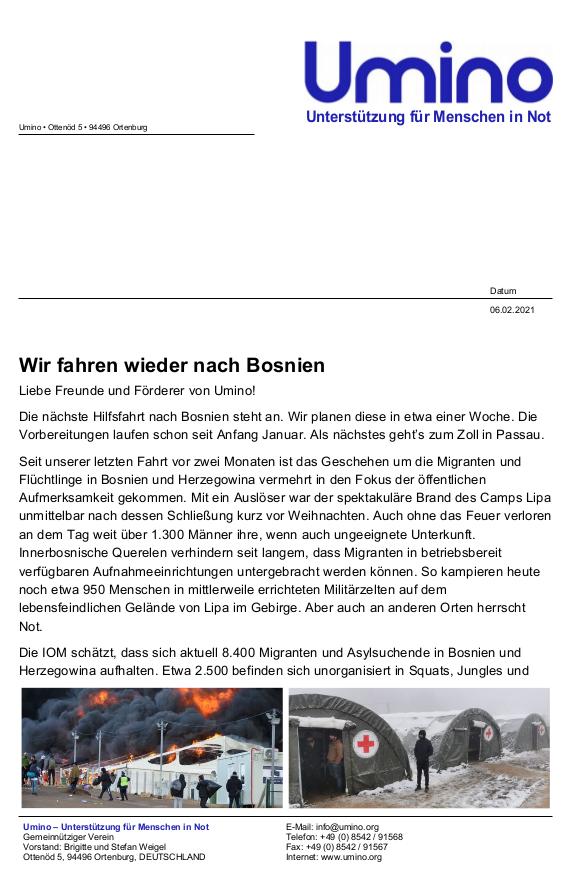Ankündigung Hilfsfahrt Bosnien Februar 2021